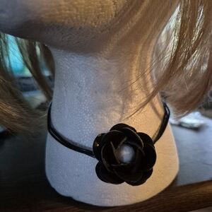 Black Flower Choker Necklace with Pearl Center